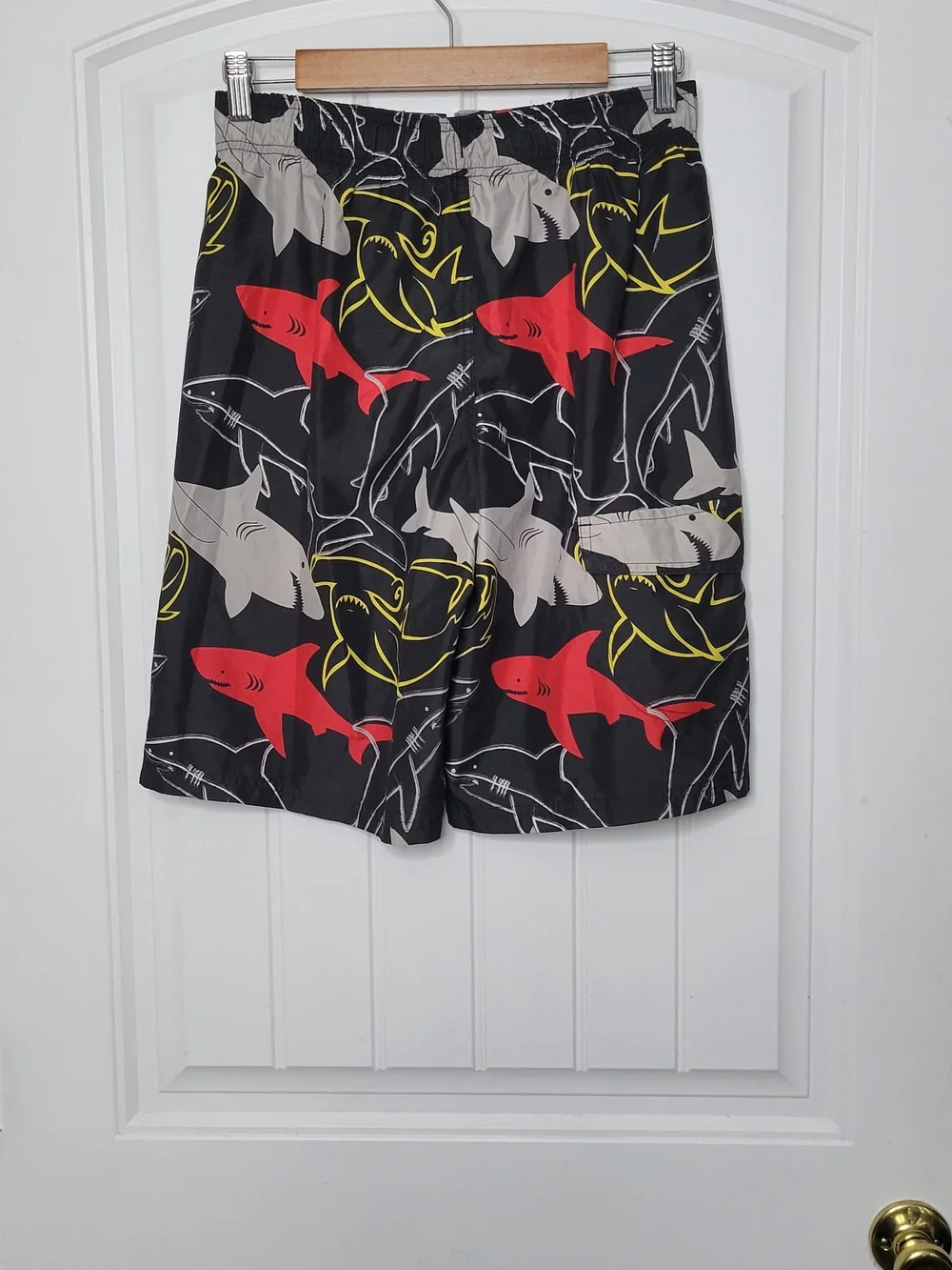 OP Boy's Black Shark Print Board Shorts with Red, Gray & Yellow